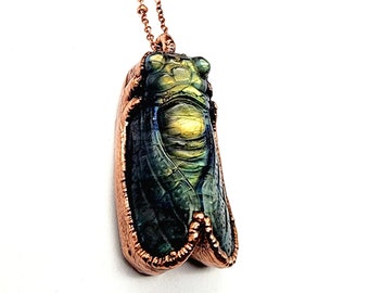 Carved Labradorite Cicada Necklace // Electroformed Jewelry // Soldered Copper Chain // Metaphysical Jewelry, Natural Stone Jewelry