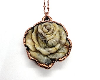 Carved Sunstone Moonstone Rose Necklace // Electroformed Jewelry // Soldered Copper Chain