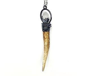 Naturally Shed Deer Antler Tip With Clear Quartz Necklace // Electroformed Jewelry // Soldered Gunmetal Chain
