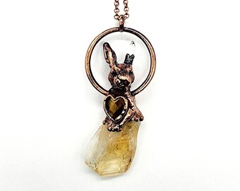 Citrine Rabbit with a Faceted Tiger Eye Heart Necklace // Electroformed Jewelry // Soldered Copper Chain // Mythical, Bunny Necklace