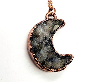 Druzy Crescent Moon Necklace // Electroformed Jewelry // Soldered Copper Chain // Goddess, Moonchild