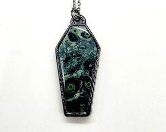 Kambaba Jasper Coffin Necklace // Electroformed Jewelry // Soldered Gunmetal Chain