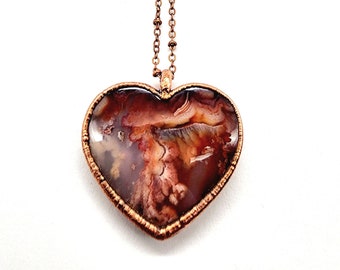 Plume Agate Heart Necklace // Electroformed Jewelry // Soldered Copper Chain