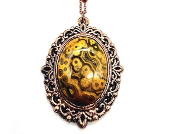 Ocean Jasper Necklace // Ornate Vintage Frame // Electroformed Jewelry // Soldered Copper Chain