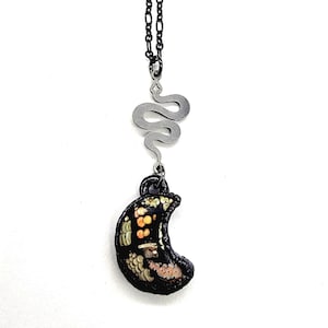 Snakeskin Agate Crescent Moon Necklace // Electroformed Jewelry // Soldered Gunmetal Chain // Snake Jewelry, Wrasse Fossil