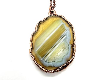 Yellow Agate Necklace // Electroformed Jewelry // Antique Copper Chain // Natural Stone