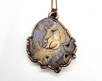 Carved Sunstone Moonstone Nine Tail Fox Necklace // Electroformed Jewelry // Soldered Copper Chain