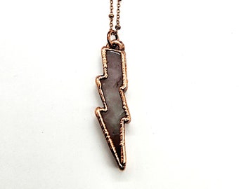 Rose Quartz Lightning Bolt Necklace // Electroformed Jewelry // Soldered Copper Chain // Crystal Necklace