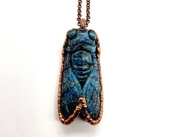 Carved Blue Apatite Cicada Necklace // Electroformed Jewelry // Soldered Copper Chain // Natural Stone, Carving