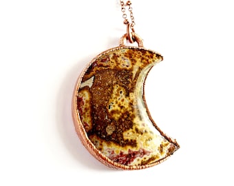 Ocean Jasper Crescent Moon Necklace // Electroformed Jewelry // Soldered Copper Chain // Moon Goddess