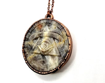 Carved Sunstone Moonstone All-Seeing Eye Necklace // Electroformed Jewelry // Soldered Copper Chain