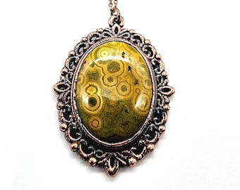 Ocean Jasper Necklace // Ornate Vintage Frame // Electroformed Jewelry // Soldered Copper Chain