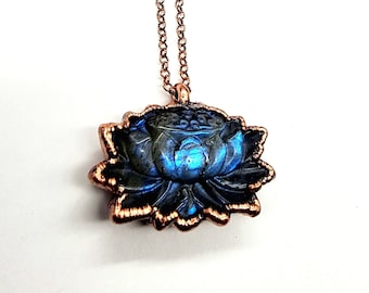 Carved Labradorite Lotus Flower Necklace // Electroformed Jewelry // Soldered Copper Chain // Metaphysical Jewelry