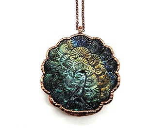 Carved Labradorite Peacock Necklace // Electroformed Jewelry // Soldered Copper Chain // Metaphysical Jewelry