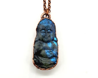 Carved Labradorite Buddha Necklace // Electroformed Jewelry // Soldered Copper Chain // Gemstones, Cabochon, Energy