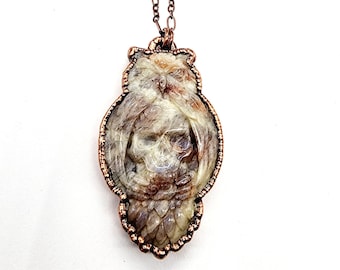 Carved Sunstone Moonstone Owl with Skull Necklace // Electroformed Jewelry // Soldered Copper Chain