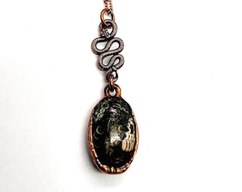 Snakeskin Agate Necklace // Electroformed Jewelry // Soldered Copper Chain // Snake Jewelry, Wrasse Fossil