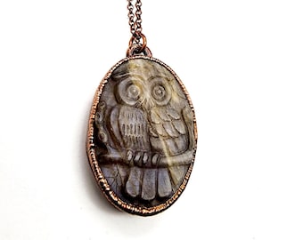 Carved Sunstone Moonstone Owl Necklace // Electroformed Jewelry // Soldered Copper Chain