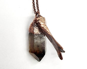 Smoky Quartz Katydid Necklace // Electroformed Jewelry // Soldered Copper Chain