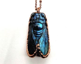 Carved Labradorite Cicada Necklace // Electroformed Jewelry // Soldered Copper Chain // Metaphysical Jewelry, Natural Stone Jewelry