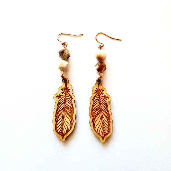 Birch Wooden Feather with Faceted Jasper Dangle Earrings // Laser Engraved, Copper Earwires, Boho Chic, Wood Feathers, Tan Feathers