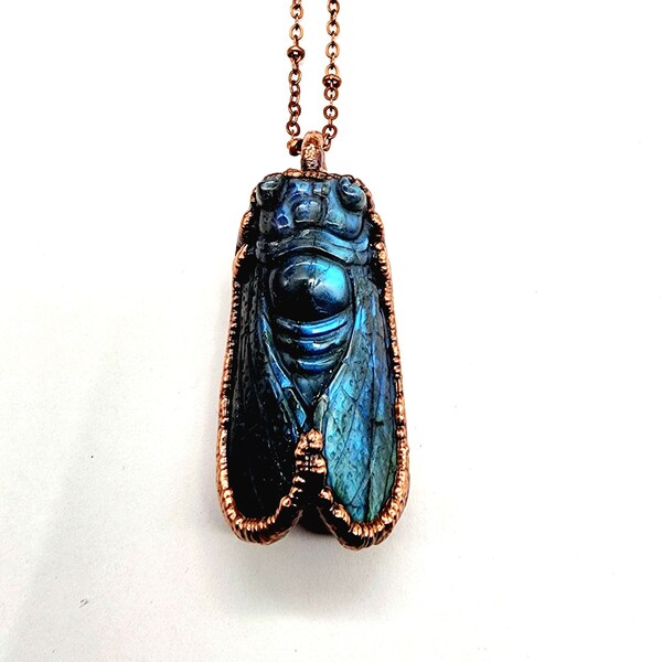 Carved Labradorite Cicada Necklace // Electroformed Jewelry // Soldered Copper Chain // Metaphysical Jewelry, Natural Stone Jewelry