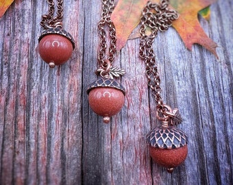 Goldstone Acorn Necklace // Fall Jewelry, Gemstone Necklace, Nature