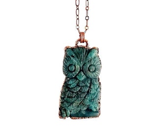 Carved Blue Apatite Owl Necklace // Electroformed Jewelry // Soldered Copper Chain // Natural Stone, Carving