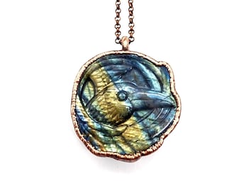 Carved Labradorite Raven Necklace // Electroformed Jewelry // Soldered Copper Chain // Metaphysical Jewelry