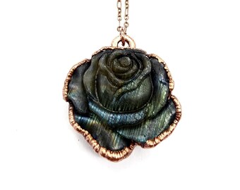 Carved Labradorite Rose Necklace // Electroformed Jewelry // Soldered Copper Chain // Flower Necklace