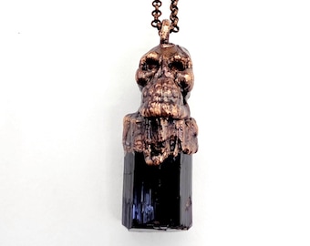 Black Tourmaline Skull Necklace // Electroformed Jewelry // Soldered Chain // Natural Stone Jewelry
