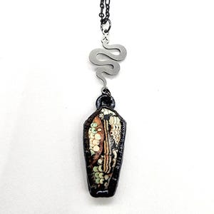 Snakeskin Agate Coffin Necklace // Electroformed Jewelry // Soldered Gunmetal Chain // Snake Jewelry, Wrasse Fossil