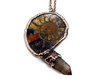 Ammonite Fossil with Phantom Quartz Necklace // Electroformed Jewelry // Soldered Copper Chain // Extinct, Prehistoric