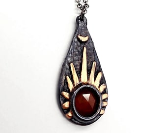 Faceted Carnelian Sunburst Necklace // Electroformed Jewelry // Soldered Gunmetal Chain