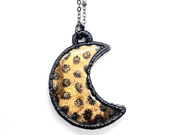 Fossilized Coral Moon Necklace // Soldered Gunmetal Chain // Electroformed Jewelry // Tropical, Sea Life, Fossil