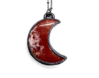 Ocean Jasper Crescent Moon Necklace // Electroformed Jewelry // Soldered Gunmetal Chain // Moon Goddess // Blood Moon