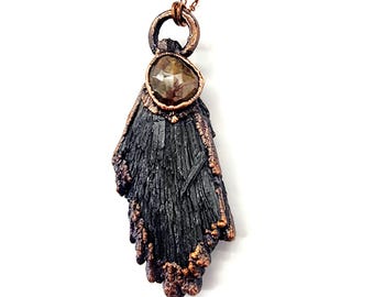 Black Kyanite and Bi-Color Sapphire Necklace // Electroformed Jewelry // Unique Chain // Witchy Jewelry