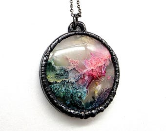 Rainbow Moss Agate Necklace // Electroformed Jewelry // Soldered Gunmetal Chain // Metaphysical Jewelry