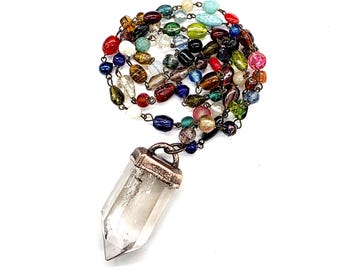 Rutilated Quartz Crystal Point Necklace // Electroformed Jewelry // Handmade Glass Beaded Chain