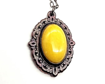 Yellow Jade Necklace // Ornate Vintage Frame // Electroformed Jewelry // Pure Copper // Soldered Copper Chain