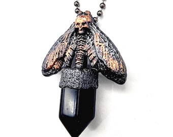 Obsidian Death Head Moth Necklace// Electroformed Jewelry // Copper Ball Chain // Metaphysical Jewelry // Stone Jewelry