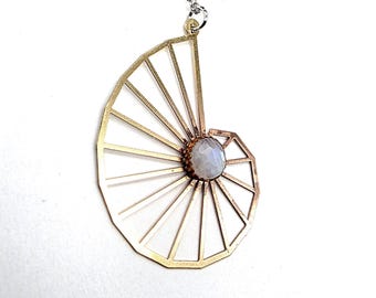 Brass Ammonite and Rainbow Moonstone Necklace// Gemstone Jewelry// Soldered Stainless Steel Chain