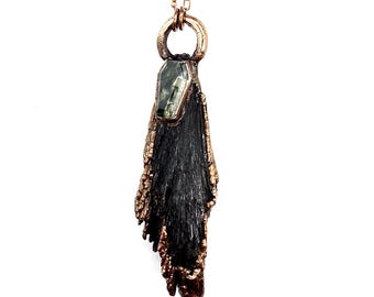 Black Kyanite and Moss Agate Coffin Necklace // Electroformed Jewelry // Unique Chain // Witchy Jewelry