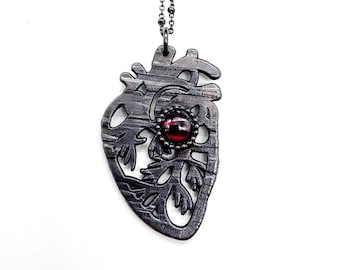 Sacred Heart, Anatomical Heart Garnet Necklace // Electroformed Jewelry // Soldered Gunmetal Chain, January Birthstone, Aquarius