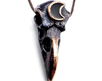 Raven Skull and Obsidian Moon Necklace // Electroformed Jewelry // Faux Leather Cord