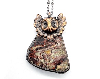 Crazy Lace Agate Owl Necklace // Electroformed Jewelry // Soldered Gunmetal Chain