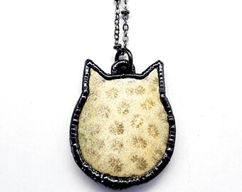 Fossilized Coral Cat Necklace // Soldered Gunmetal Chain // Electroformed Jewelry