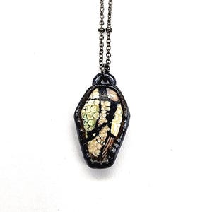 Snakeskin Agate Coffin Necklace // Electroformed Jewelry // Soldered Gunmetal Chain // Snake Jewelry, Wrasse Fossil