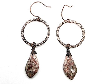 Ocean Jasper Earrings with Copper Hoops // Copper Ear Wires // Hand Drilled and Wrapped // Stone Earrings