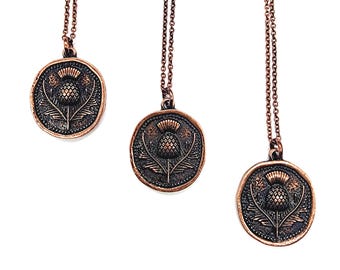 Antique Copper Thistle Pendant Necklace // Soldered Copper Chain // Celtic